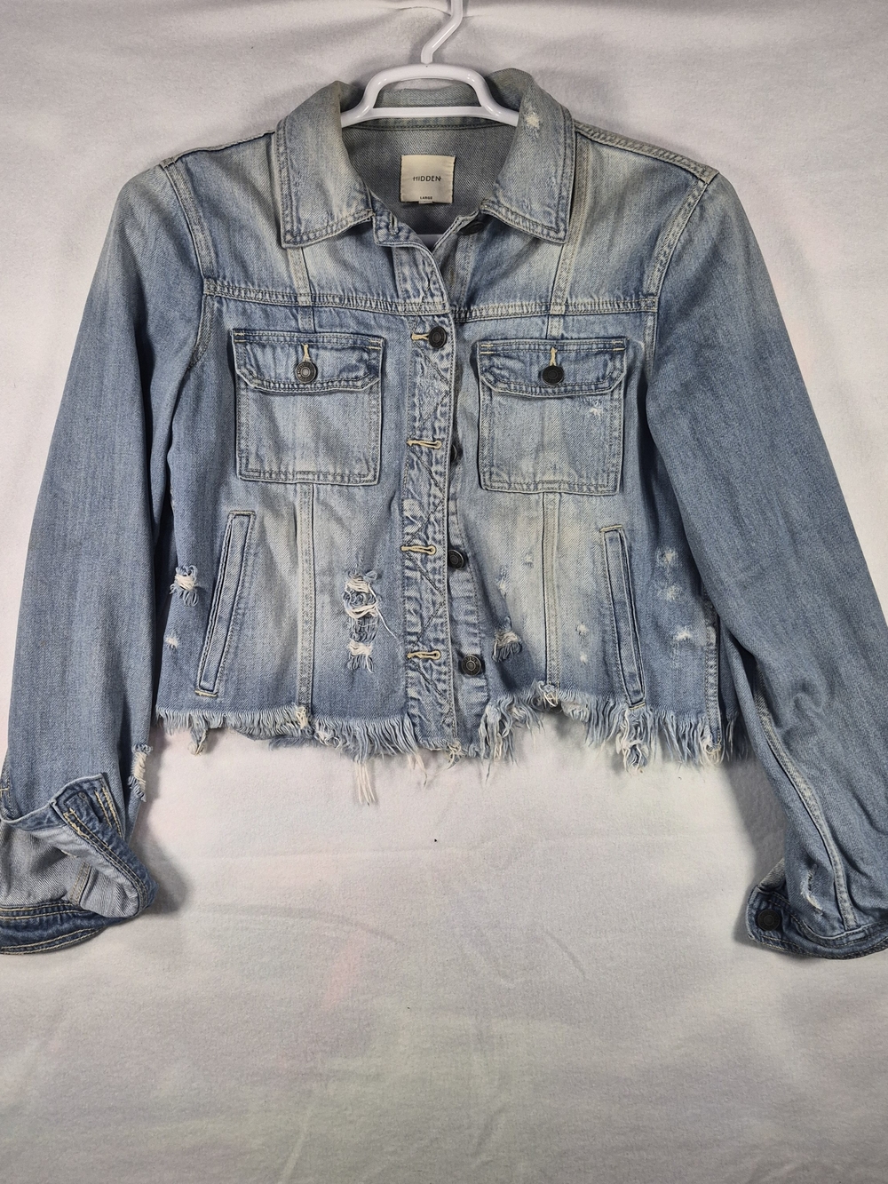 Hidden Jeans Distressed Light Wash Cropped Denim Jacket with Frayed Hem
